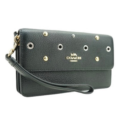 New Coach Black Pebbled Leather Foldover Wristlet Clutch w/ Gold & Silver Grommets