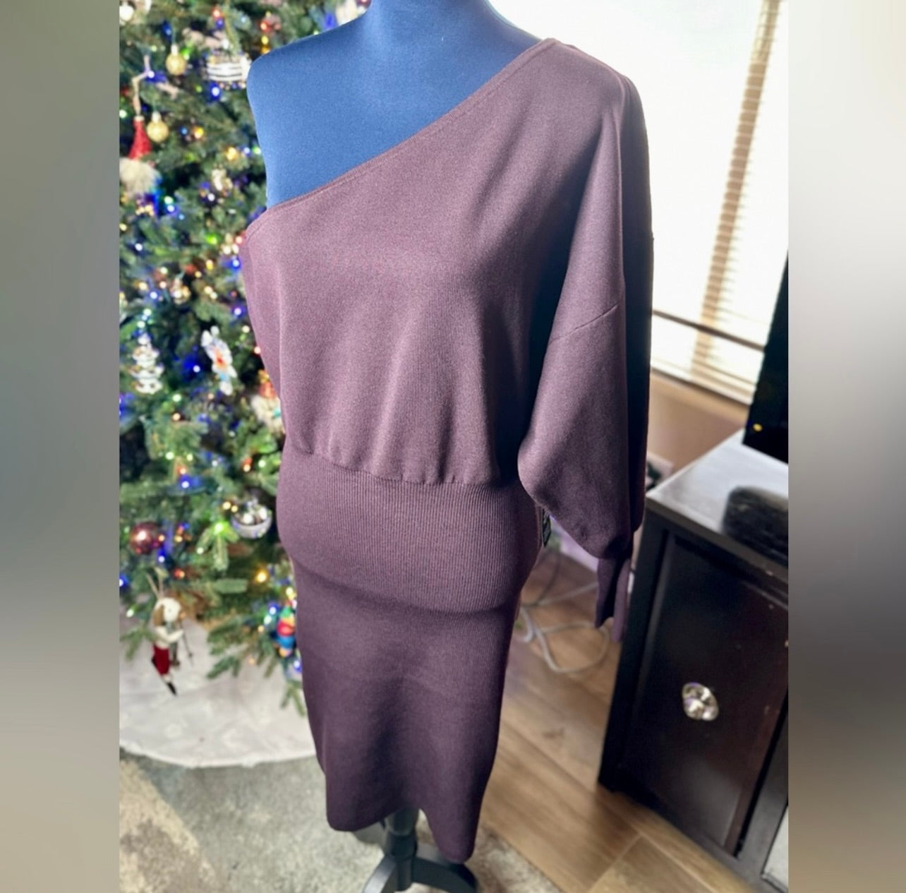 New Express Dark Purple One Shoulder Long Sleeve Mini Sheath Sweater Dress