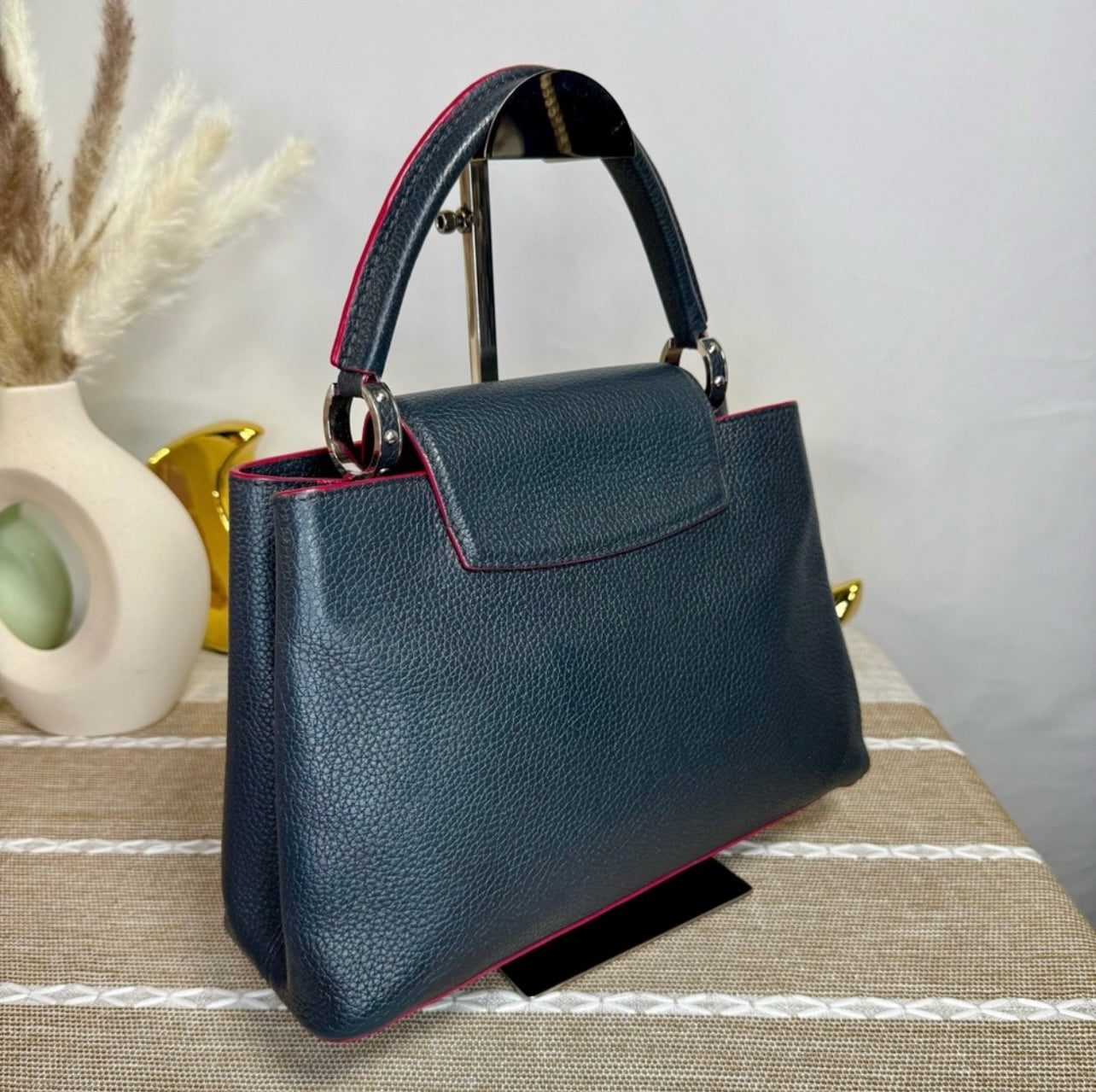 Louis Vuitton Cobalt Blue Taurillon Leather Capucines MM Bag w/ Fuchsia Trim