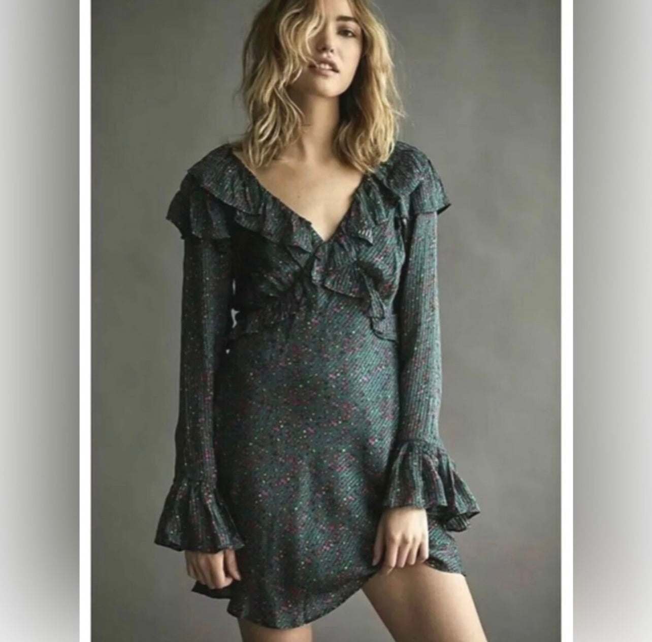 FREE PEOPLE Green Floral Print Sweetest Thing Ruffled Mini Dress