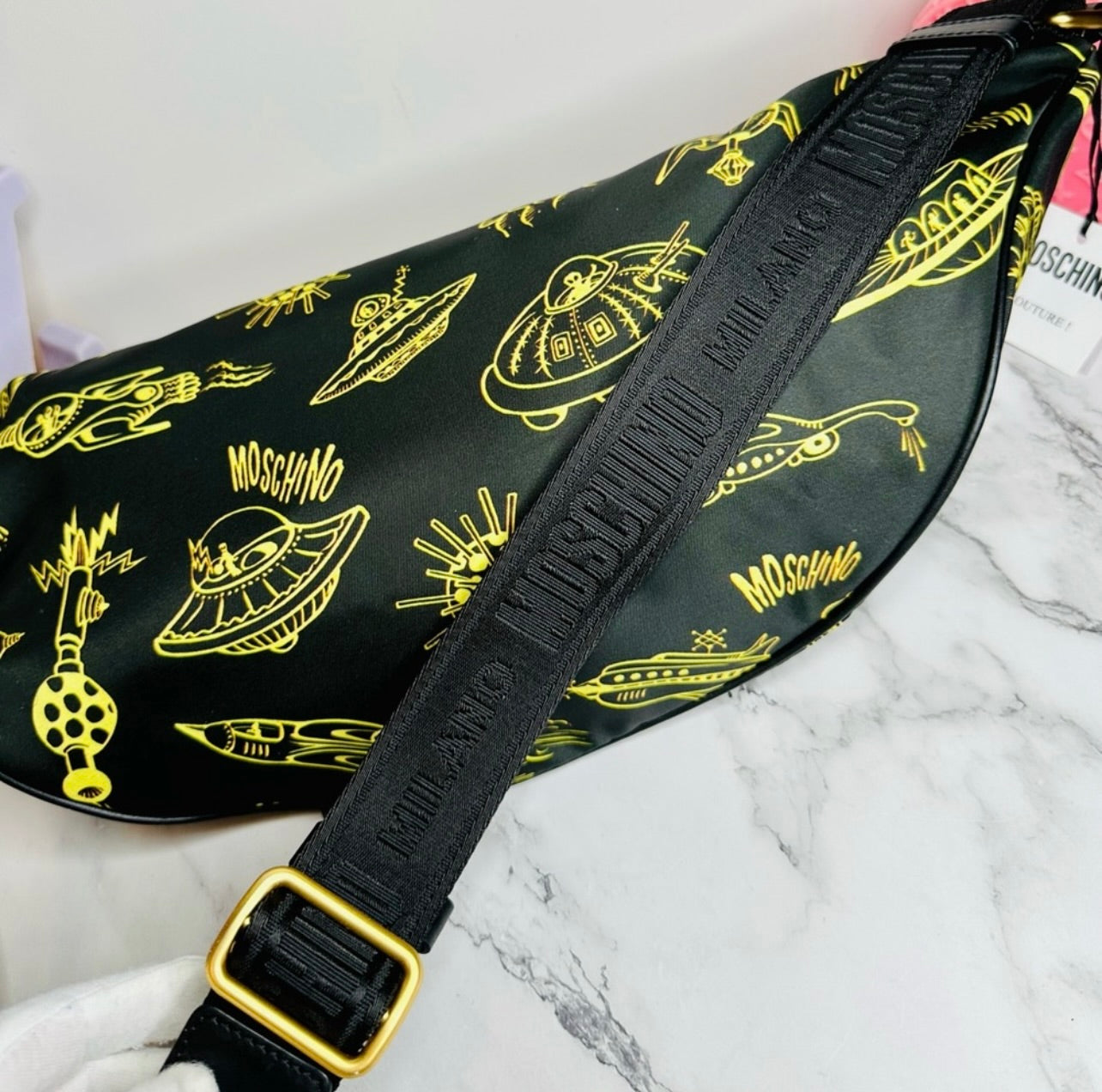 NEW! Moschino Black Nylon w/ Yellow Spaceship Print Oversized Belt Bag