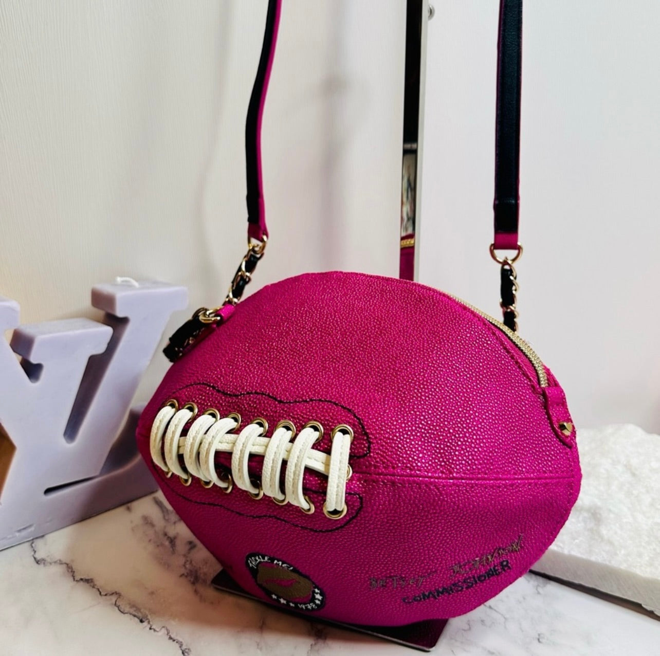 Betsey Johnson Metallic Pink Tackle Me Kitsch Football Crossbody Bag