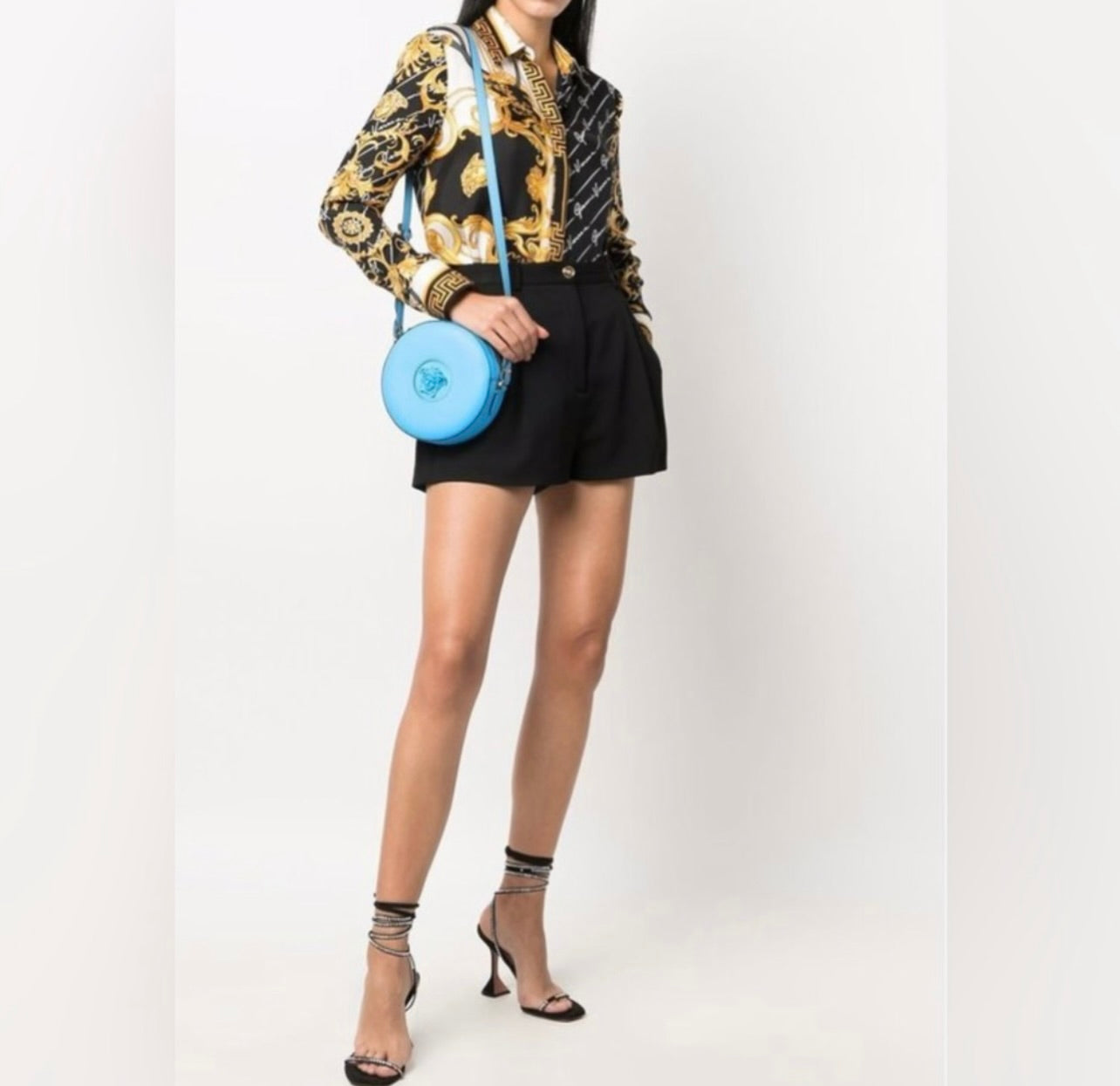 New Versace La Medusa Blue/Cerulean Leather Disco Round Crossbody Bag