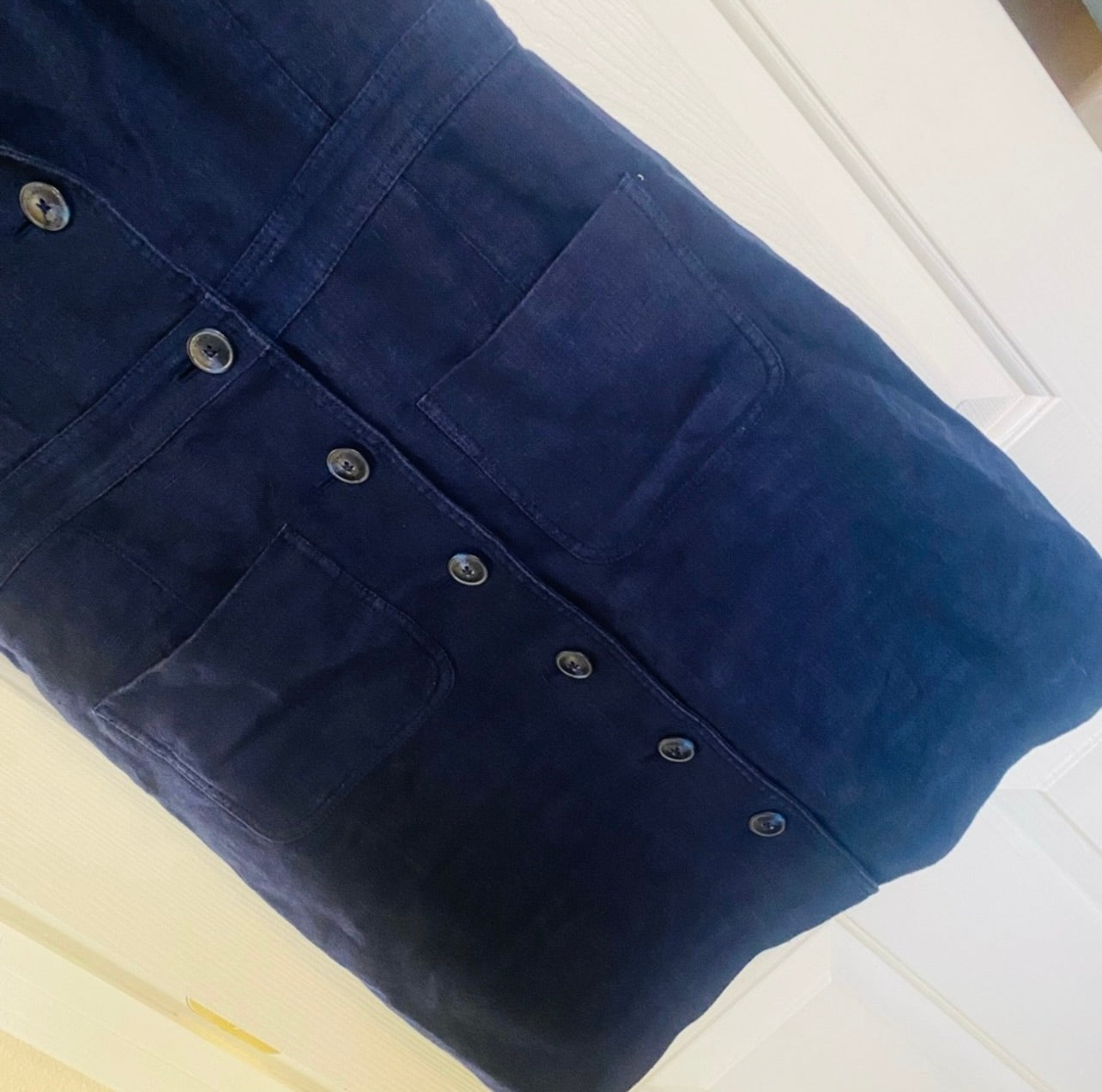 Tory Burch Indigo Navy Blue Button-Front Sleeveless Linen Shift Dress