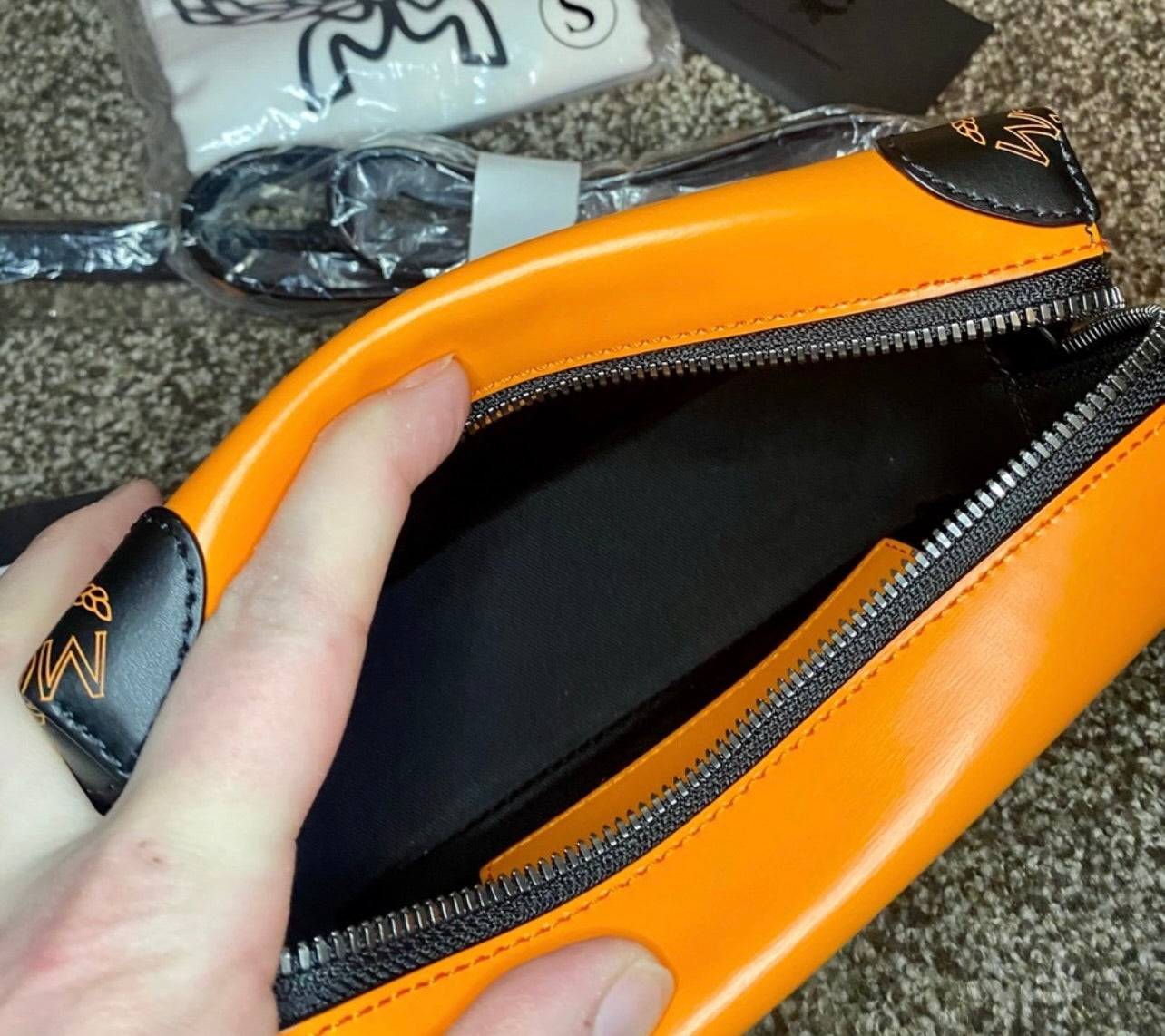 New MCM Persimmon Orange & Black Leather Berlin Soft Box Crossbody Bag