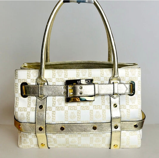 EUC VERSACE Medusa Gold & Cream Logo Print Canvas & Leather Shoulder Bag