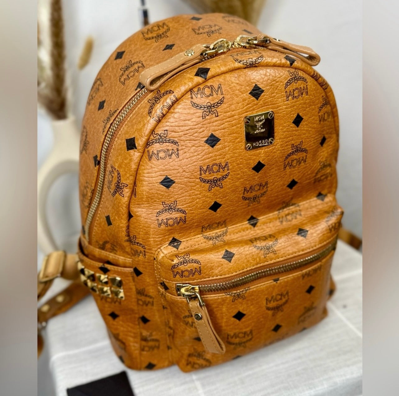 MCM Unisex Small Cognac Stark Visetos Side-Stud Backpack
