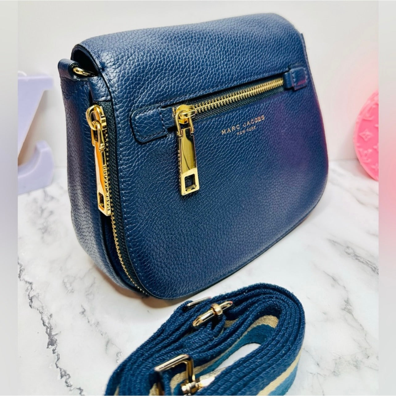 Marc Jacobs Small Navy Blue Pebbled Leather Gotham Saddle Bag