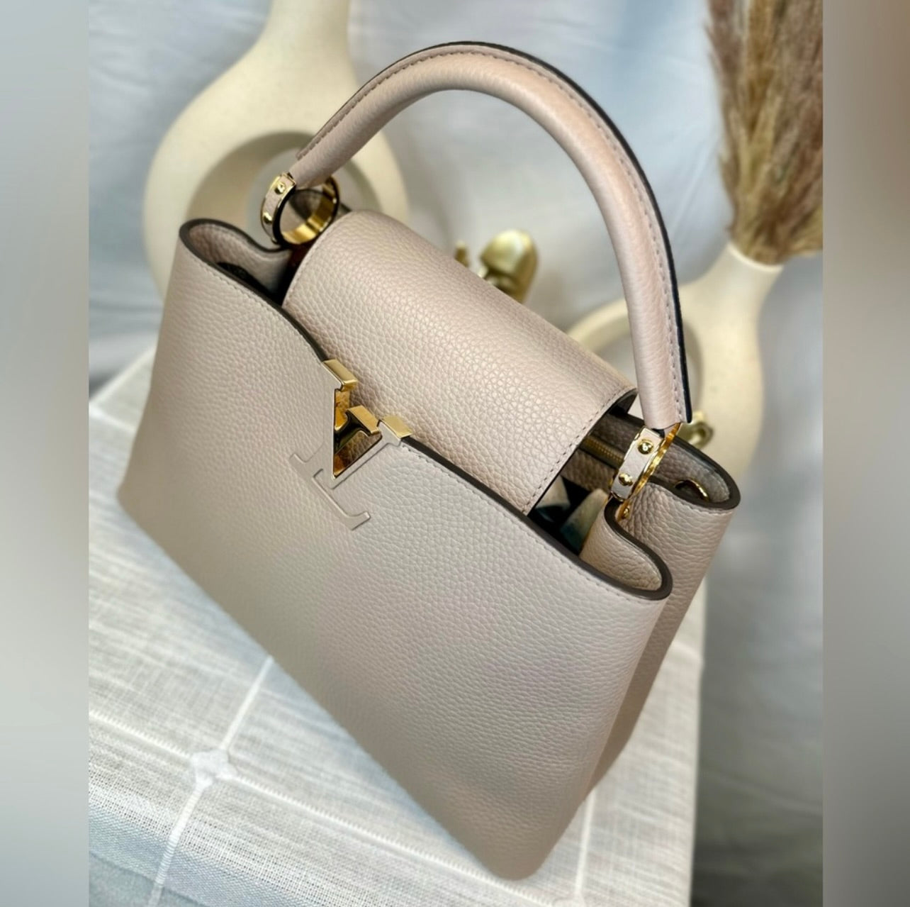 Louis Vuitton Galet Gray Taurillon Leather Capucines MM Bag