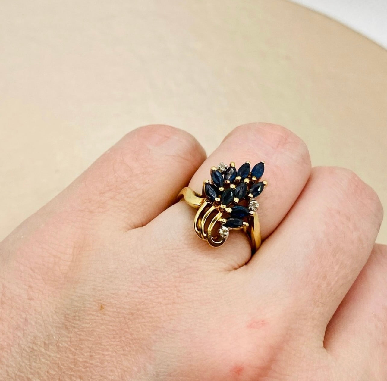 Vintage 10k Yellow Gold Blue Sapphire & Diamond Cocktail Ring