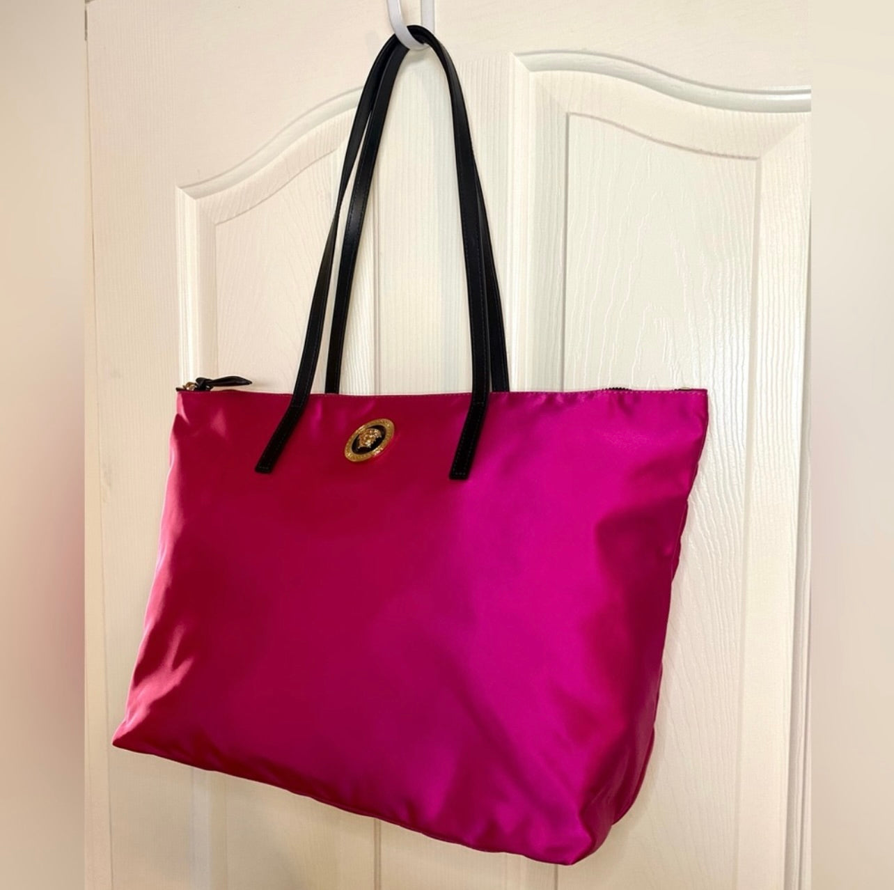 New VERSACE Flamingo Pink Nylon Medusa Tote Bag