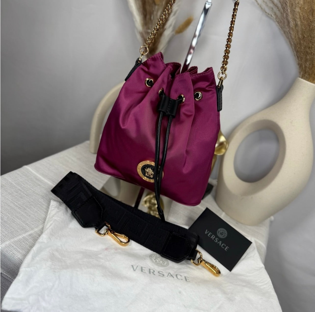 New Versace Deep Fuschia Nylon and Black Leather Drawstring Bucket Bag