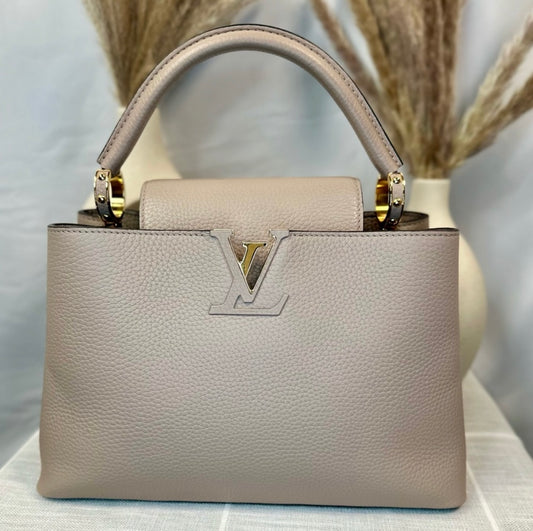 Louis Vuitton Galet Gray Taurillon Leather Capucines MM Bag