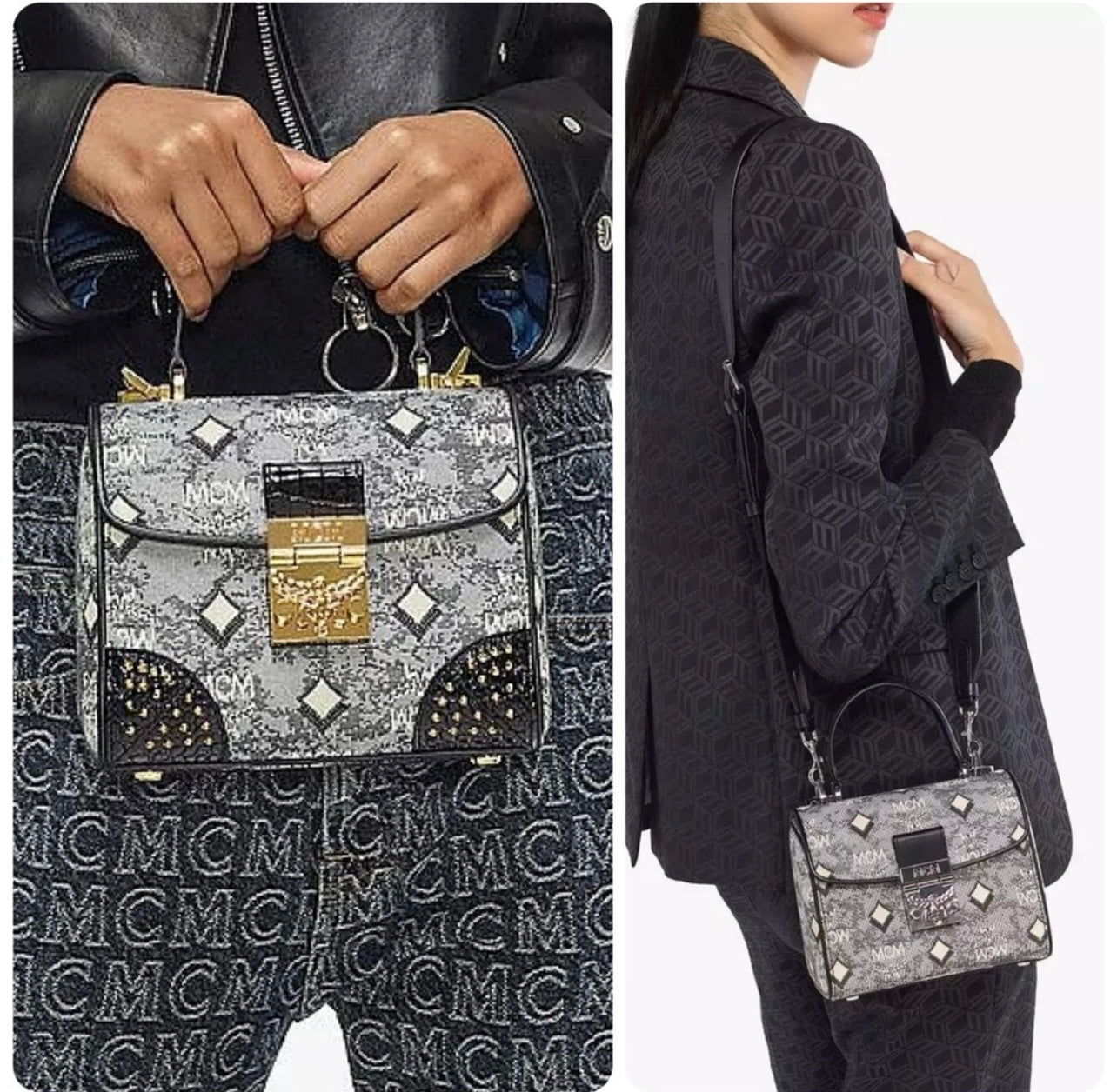 New MCM Small Gray Vintage Monogram Jacquard Studded Tracy Satchel Bag