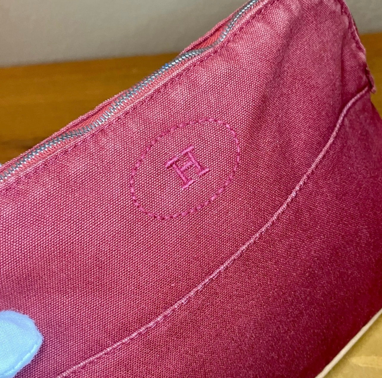 Vintage HERMES Brink Red Canvas & Leather Bolide Cosmetic Pouch Purse MM