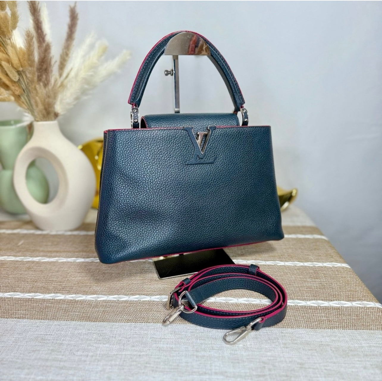 Louis Vuitton Cobalt Blue Taurillon Leather Capucines MM Bag w/ Fuchsia Trim