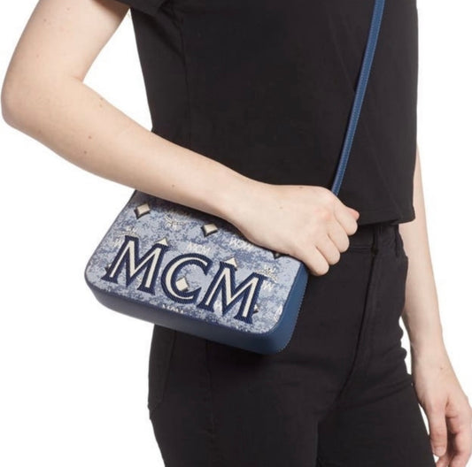 New MCM Blue Vintage Monogram Jacquard Aren Mini Shoulder Bag