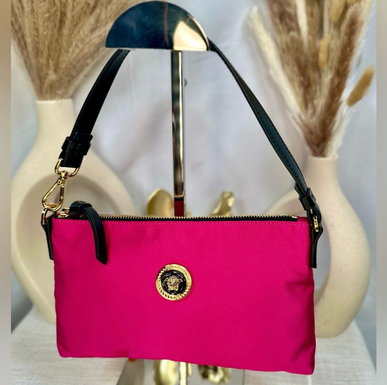 New Versace Hot Pink Flamingo Satin Nylon Pouchette Bag