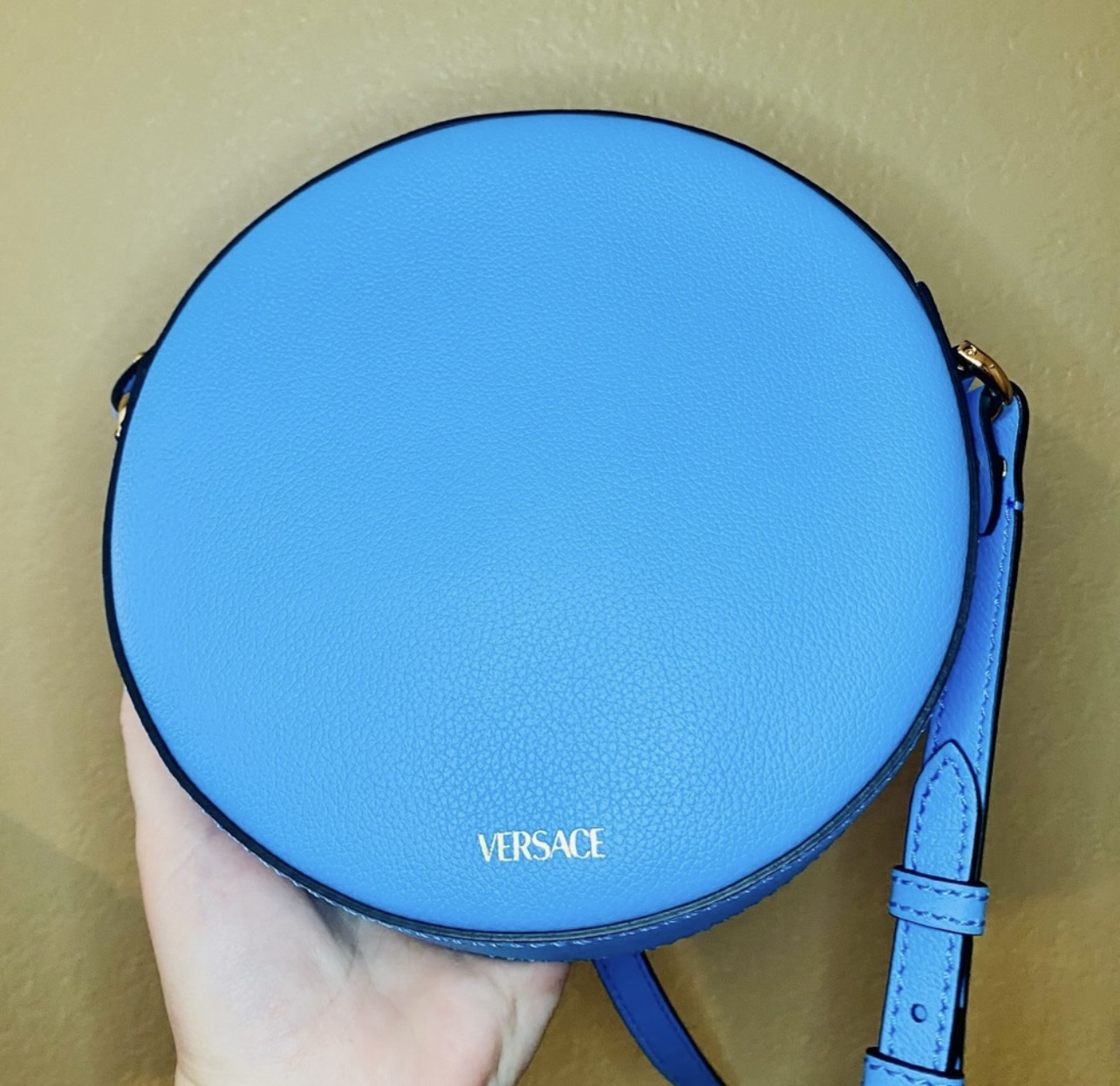 New Versace La Medusa Blue/Cerulean Leather Disco Round Crossbody Bag