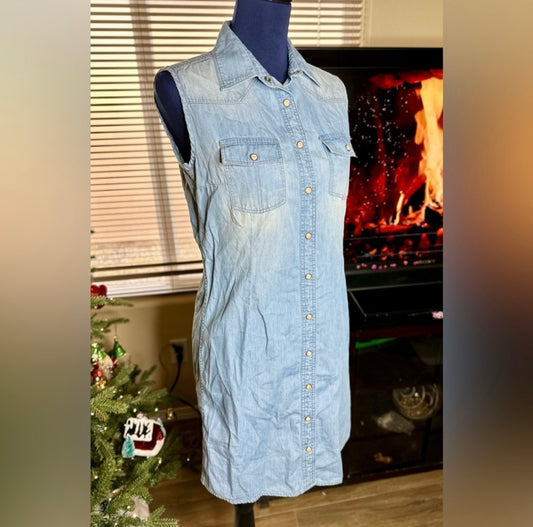 Overland Denim Snap Up Front Sleeveless Shirt Dress