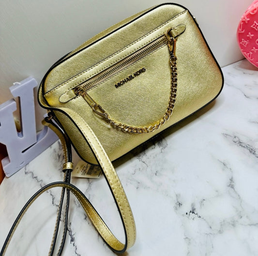 New Michael Kors Jet Set Large Pale Gold Saffiano Leather Crossbody Bag