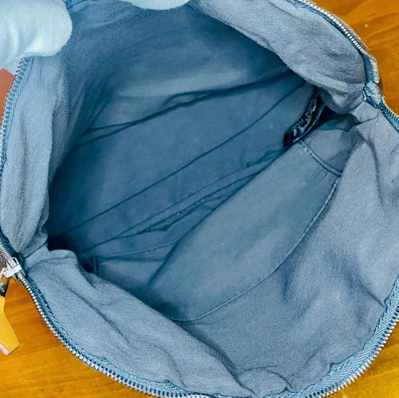 Vintage HERMES Gray Blue Canvas & Leather Bolide Cosmetic Pouch Purse MM
