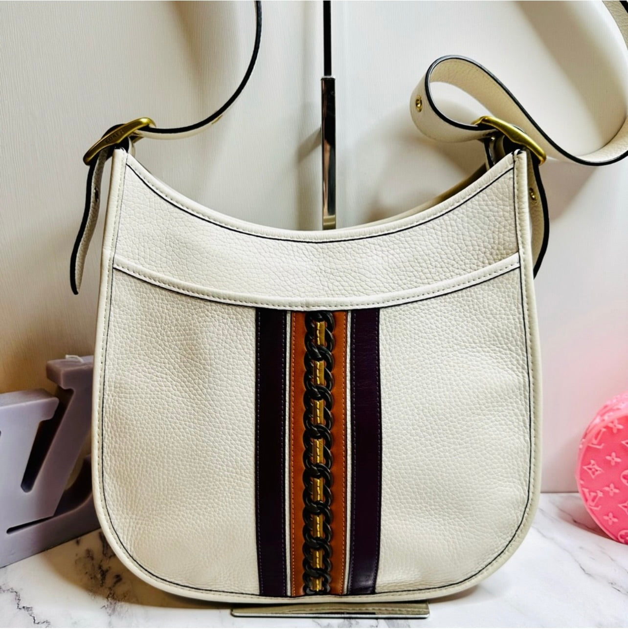 Coach Chalk Glovetanned Pebble Leather Emery Varsity Strip Crossbody Bag