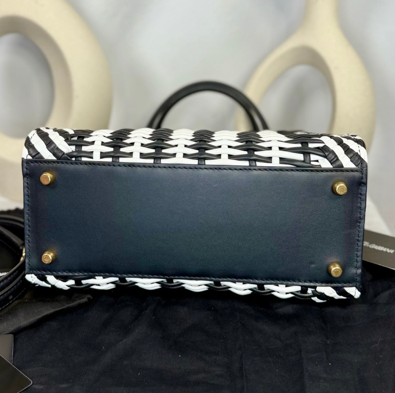 New Dolce & Gabbana Black & White Woven Leather Medium Sicily 58 Bag