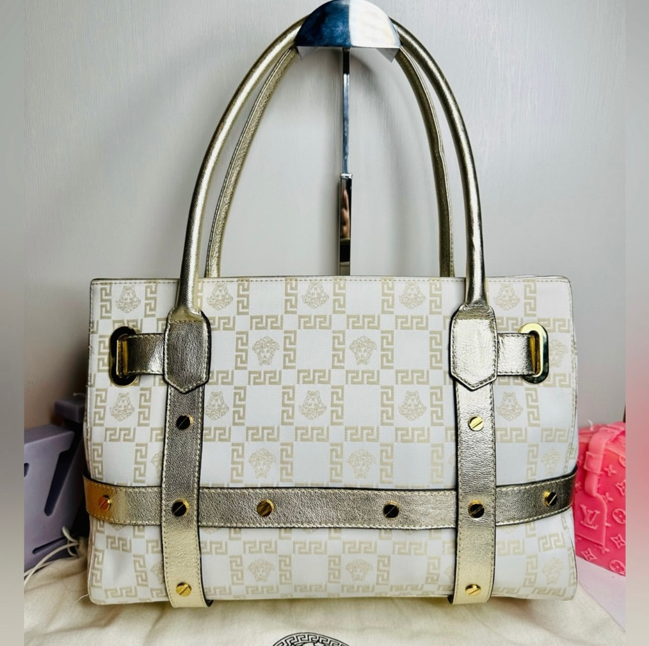 EUC VERSACE Medusa Gold & Cream Logo Print Canvas & Leather Shoulder Bag