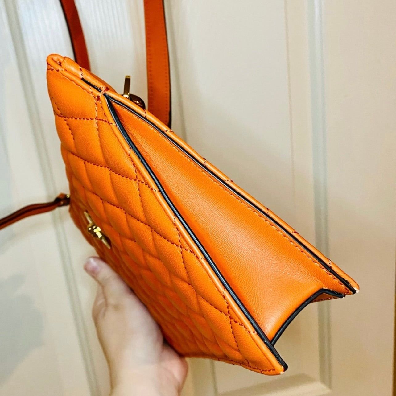 New Versace Quilted Dark Orange Lambskin Leather Small Crossbody Pouch