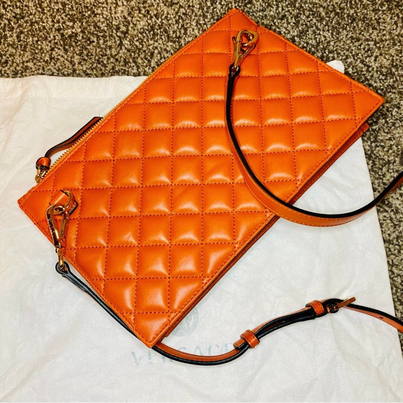 New Versace Quilted Dark Orange Lambskin Leather Small Crossbody Pouch