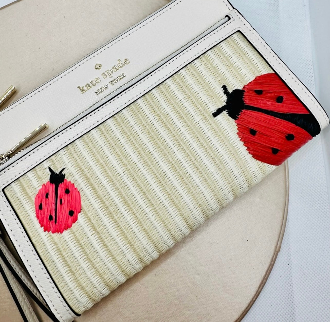 New Kate Spade Dottie Natural Straw w/ Ladybug Embroidered Wristlet