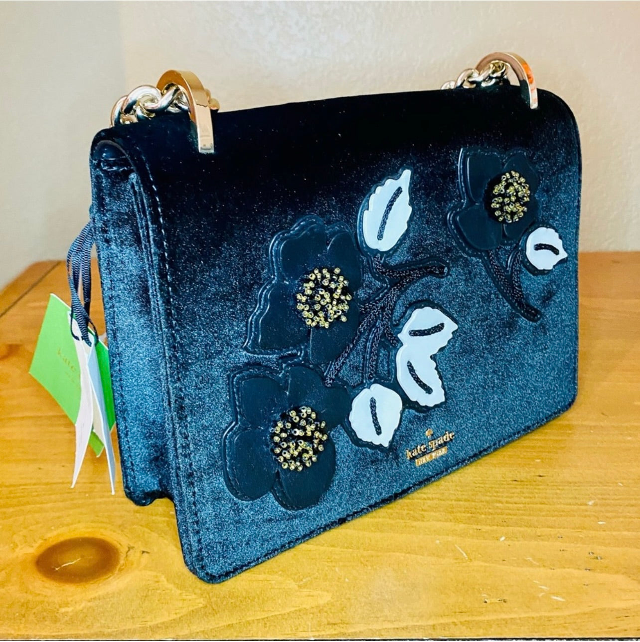 New Kate Spade New York Cameron St Floral Embellish Marci Black Velvet Crossbody Handbag