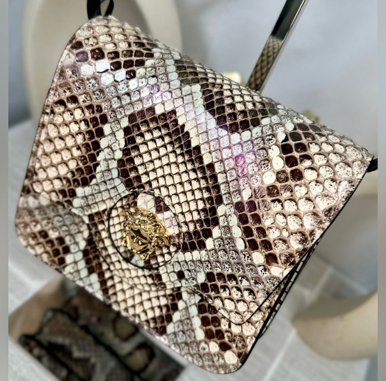 New Versace Genuine Iridescent Python & Leather Medusa Head Crossbody Bag