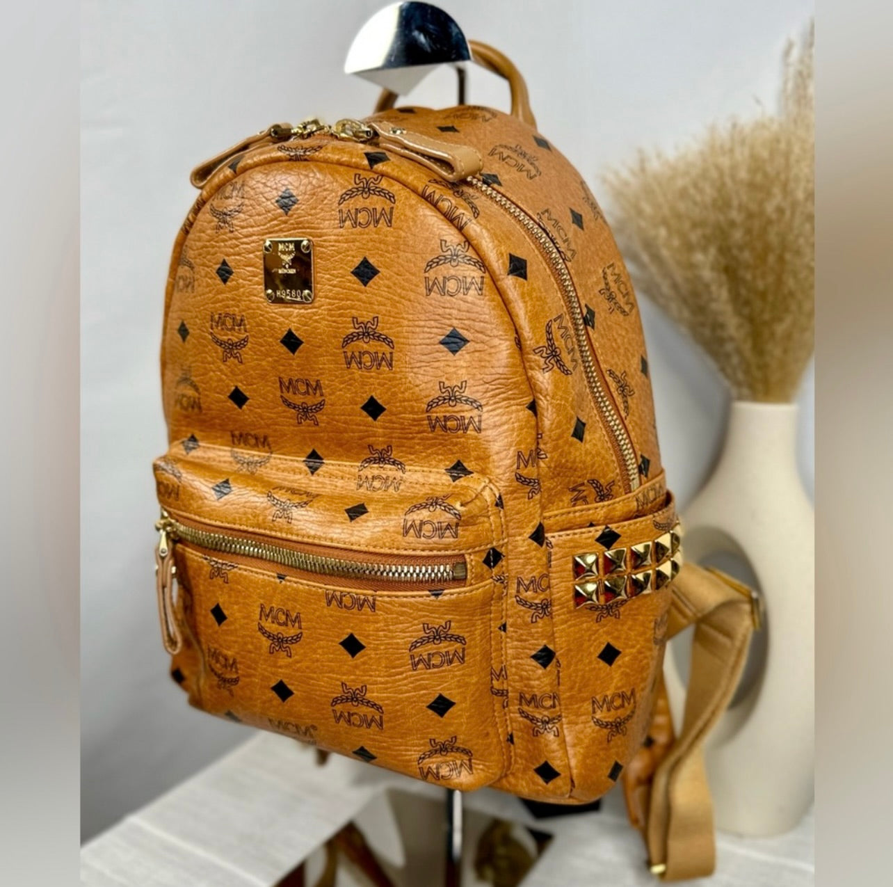 MCM Unisex Small Cognac Stark Visetos Side-Stud Backpack