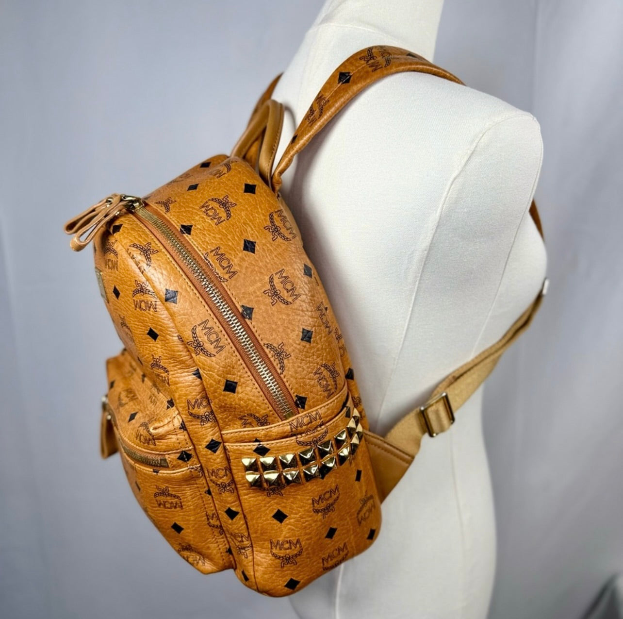 MCM Unisex Small Cognac Stark Visetos Side-Stud Backpack