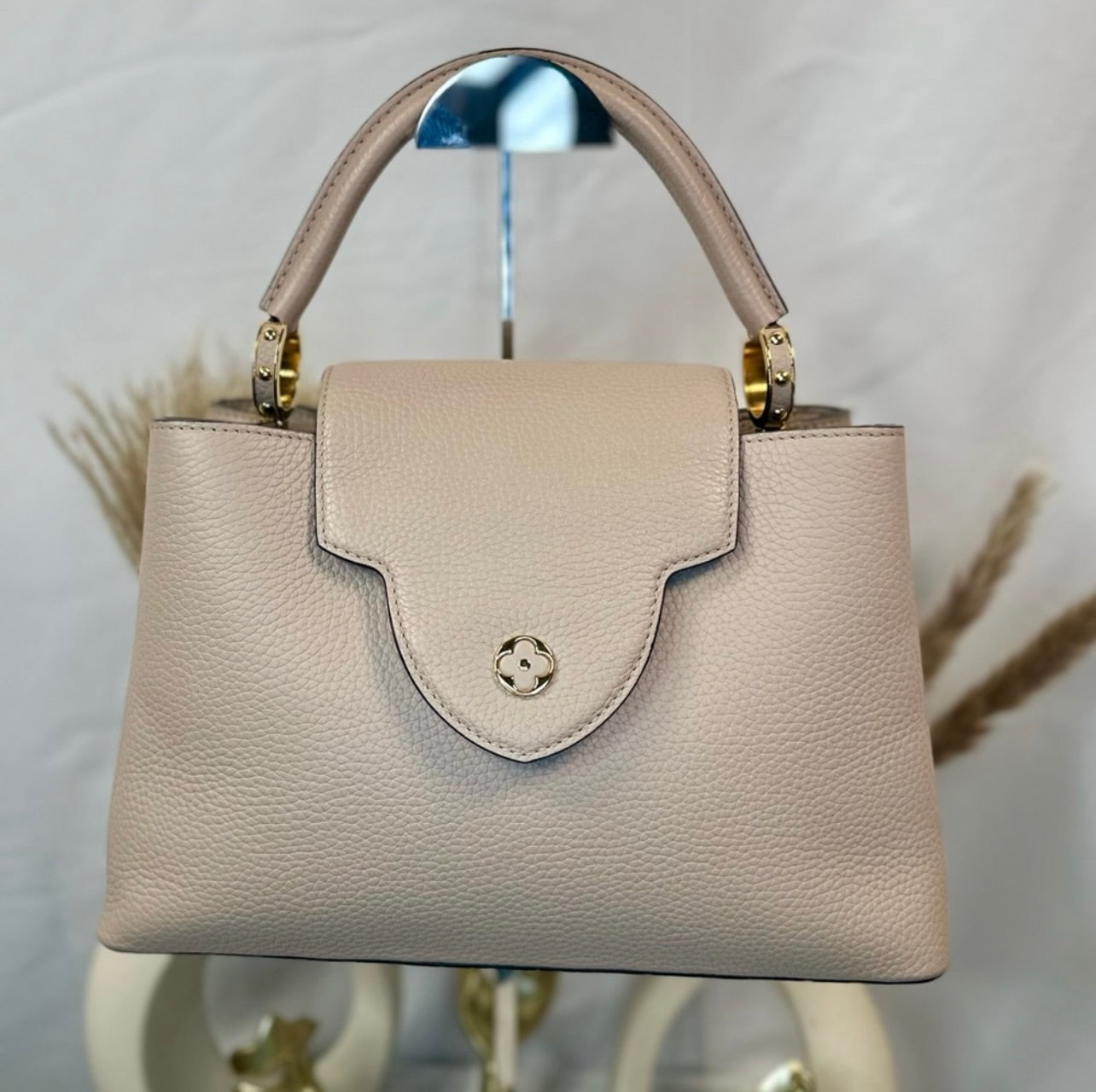 Louis Vuitton Galet Gray Taurillon Leather Capucines MM Bag