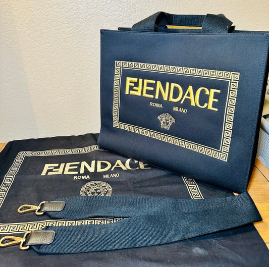 New Fendi x Versace Ltd. Ed. Black Canvas Fendace Logo Large Shopping Tote Bag