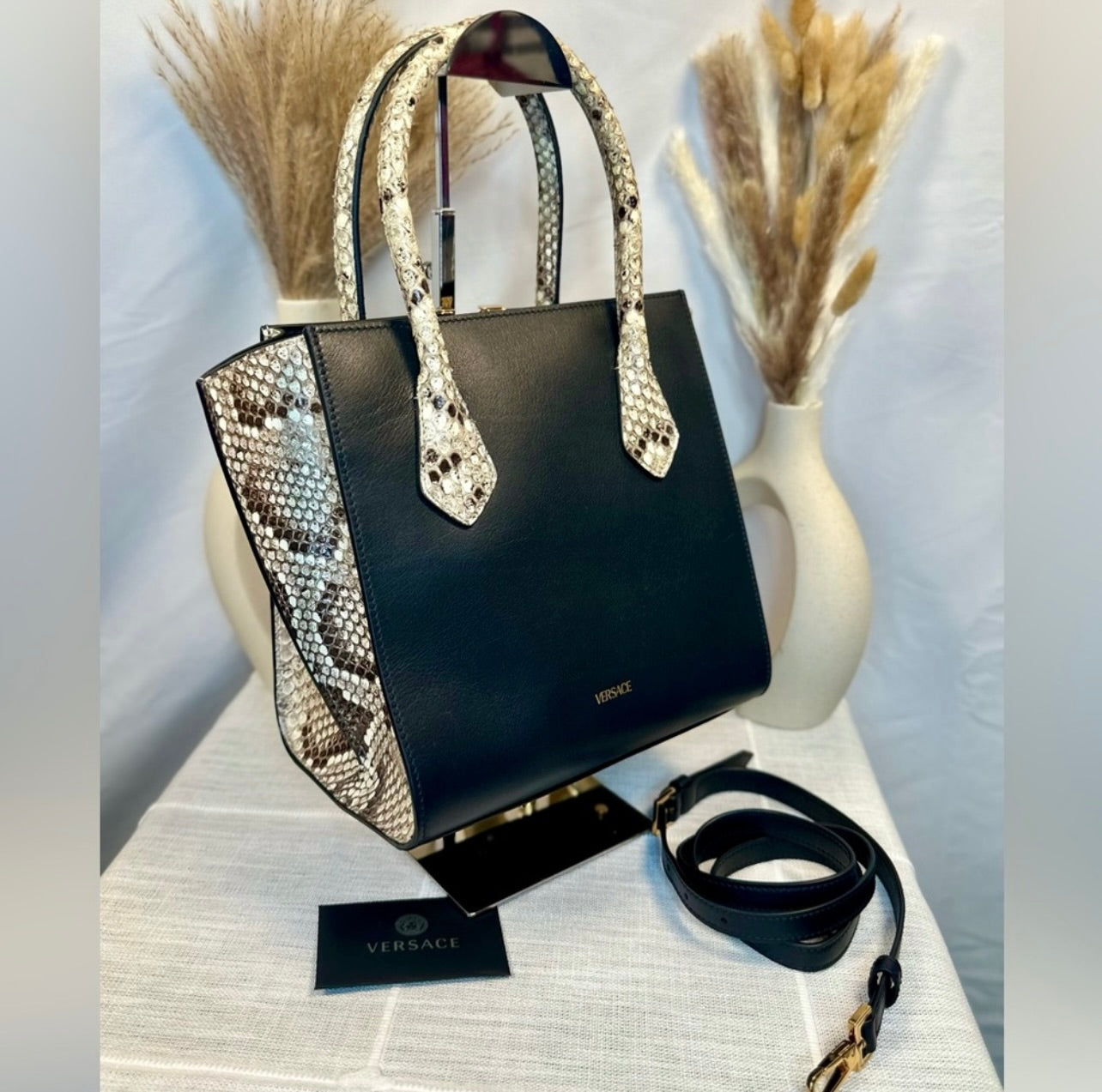 New VERSACE Medium Virtus Calf Leather & Python Handbag