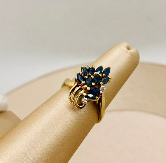 Vintage 10k Yellow Gold Blue Sapphire & Diamond Cocktail Ring
