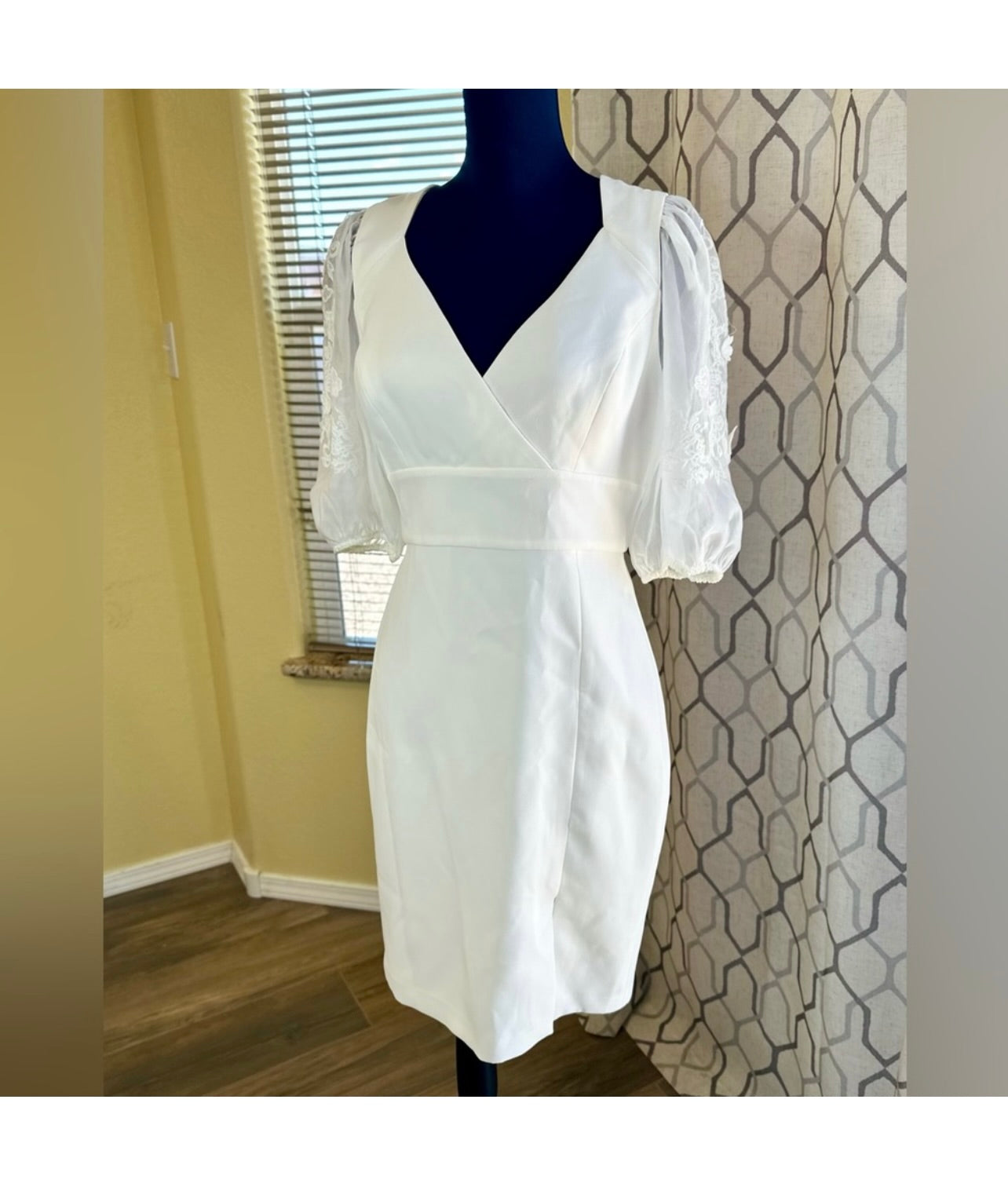 New BCBGMaxAzria Off White Embroidered Sleeve Evening Dress