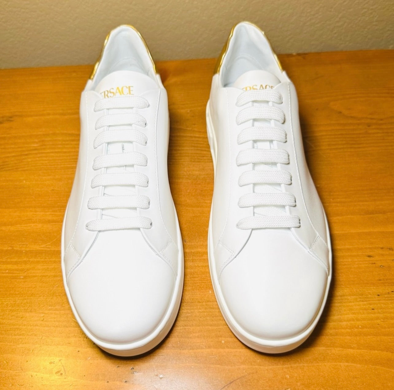 New Unisex Versace Gold & White Leather Athletic Sneakers