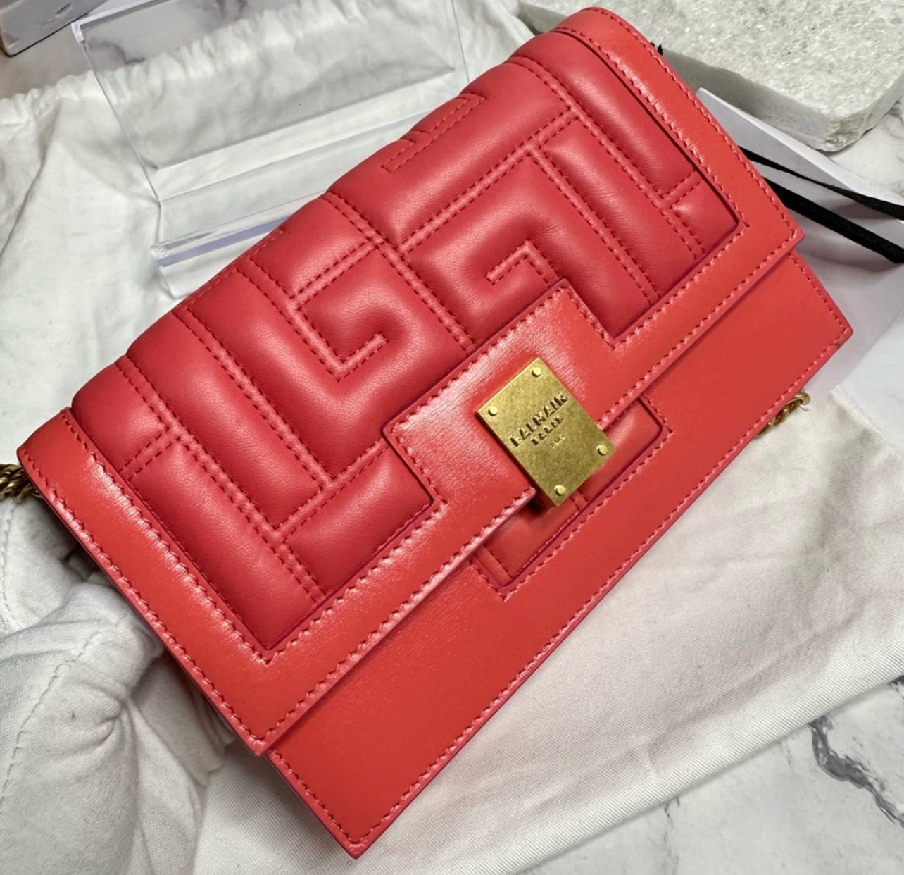 New Balmain Mini 1945 Rose Saumon Quilted Leather Bag