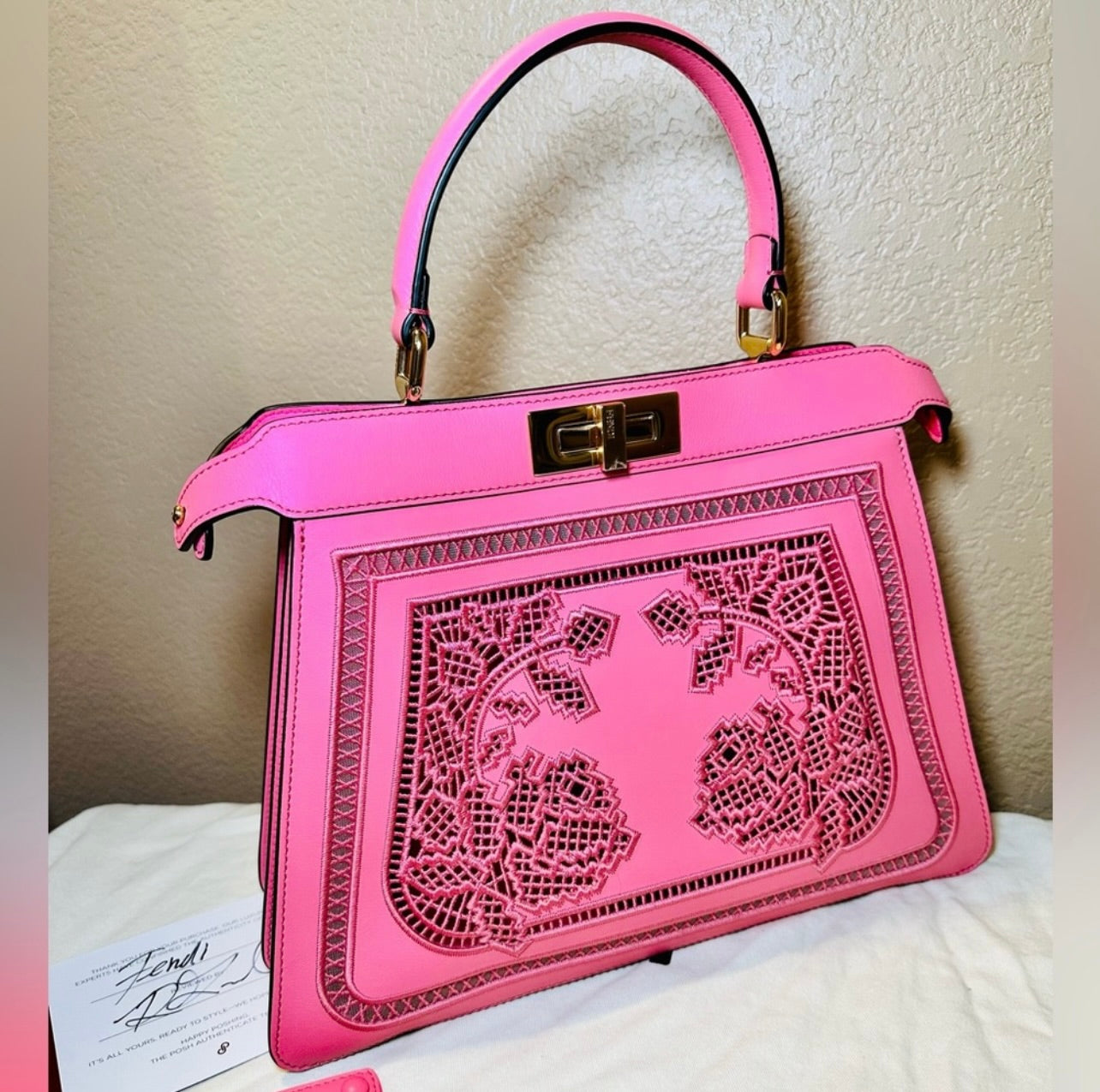 New Fendi Peekaboo ISeeU Medium Limited Edition Rose Pink Nappa Leather w/ Floral Motif