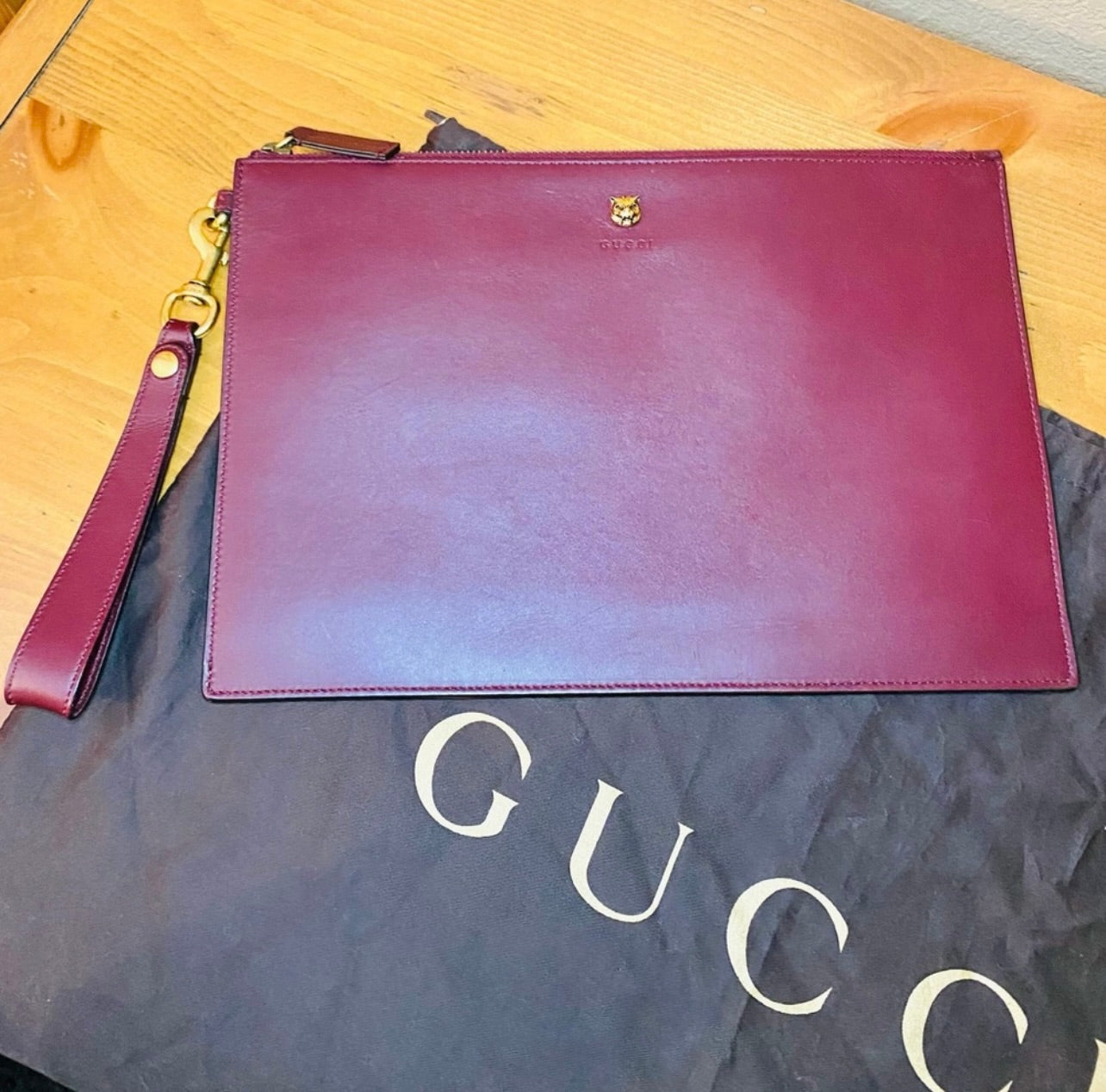 Rare GUCCI Tiger Animalier Bordeaux Leather Oversized Wristlet Clutch