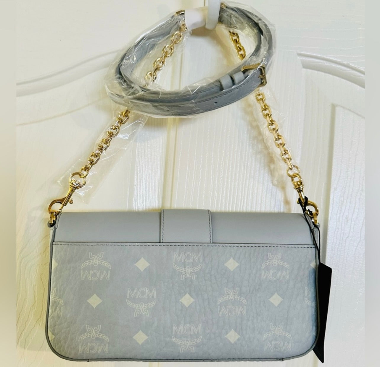 New MCM Misty Gray Mode Travia Logo Mixed Leather Shoulder Bag