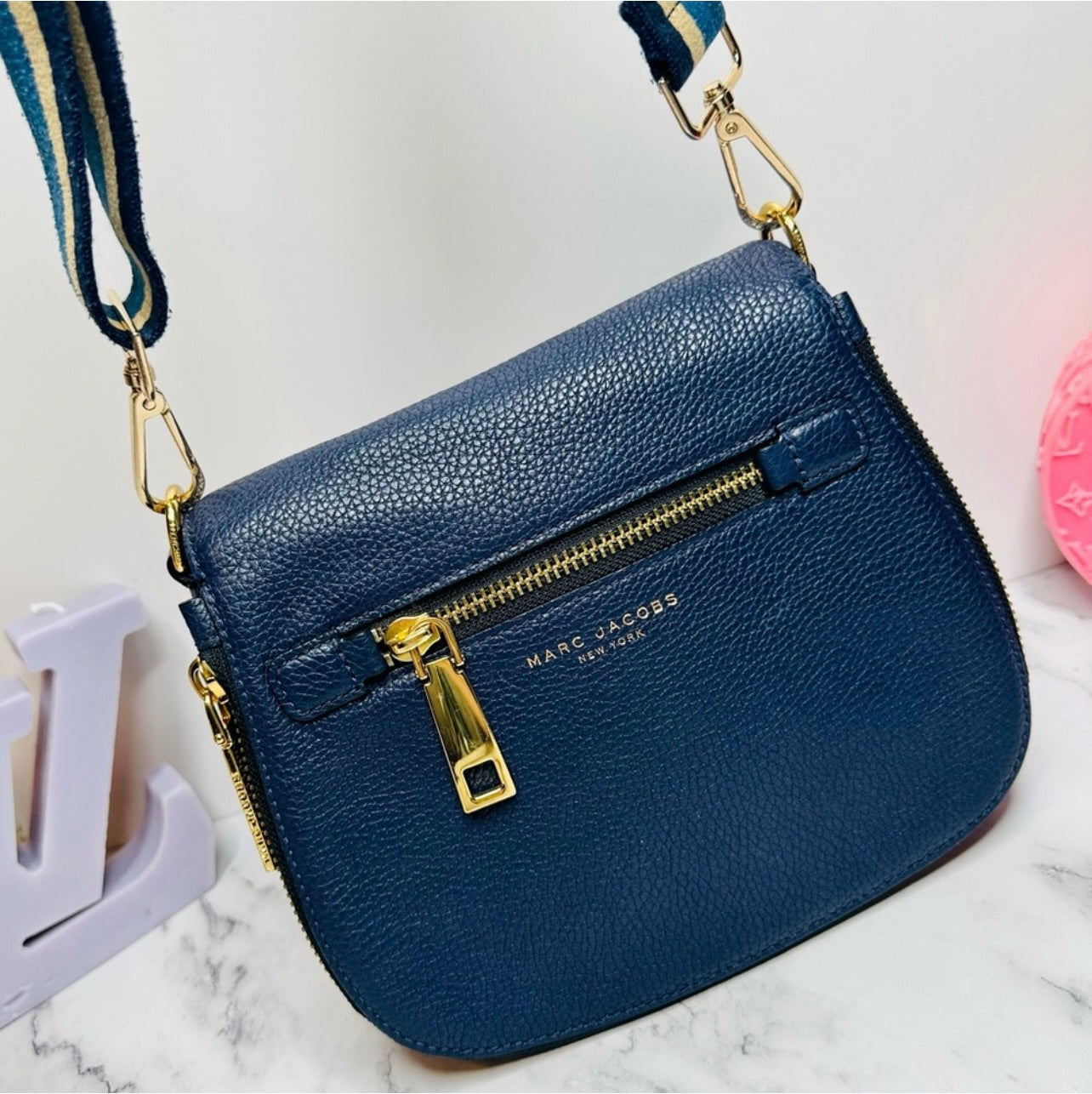 Marc Jacobs Small Navy Blue Pebbled Leather Gotham Saddle Bag