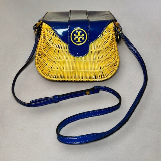 Tory Burch Navy Blue Patent Leather & Lacquered Rattan Basket Bag