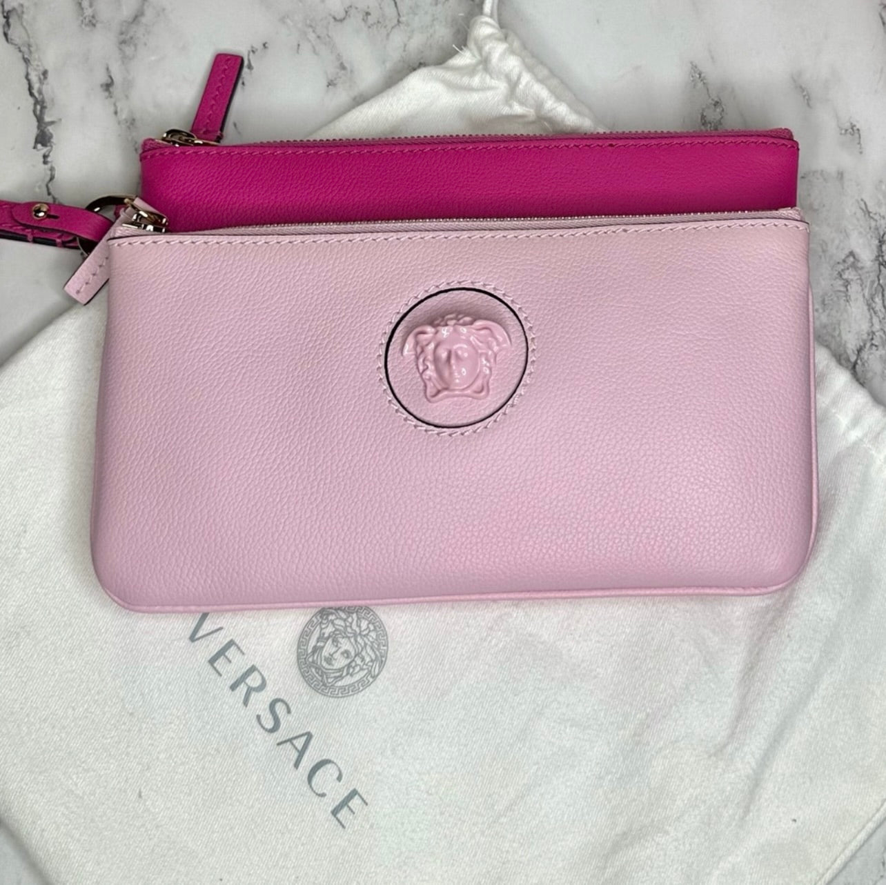 New Versace Double Zip La Medusa Pink Italian Leather Wristlet Pouch