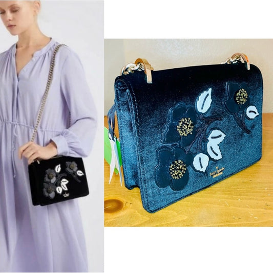 New Kate Spade New York Cameron St Floral Embellish Marci Black Velvet Crossbody Handbag